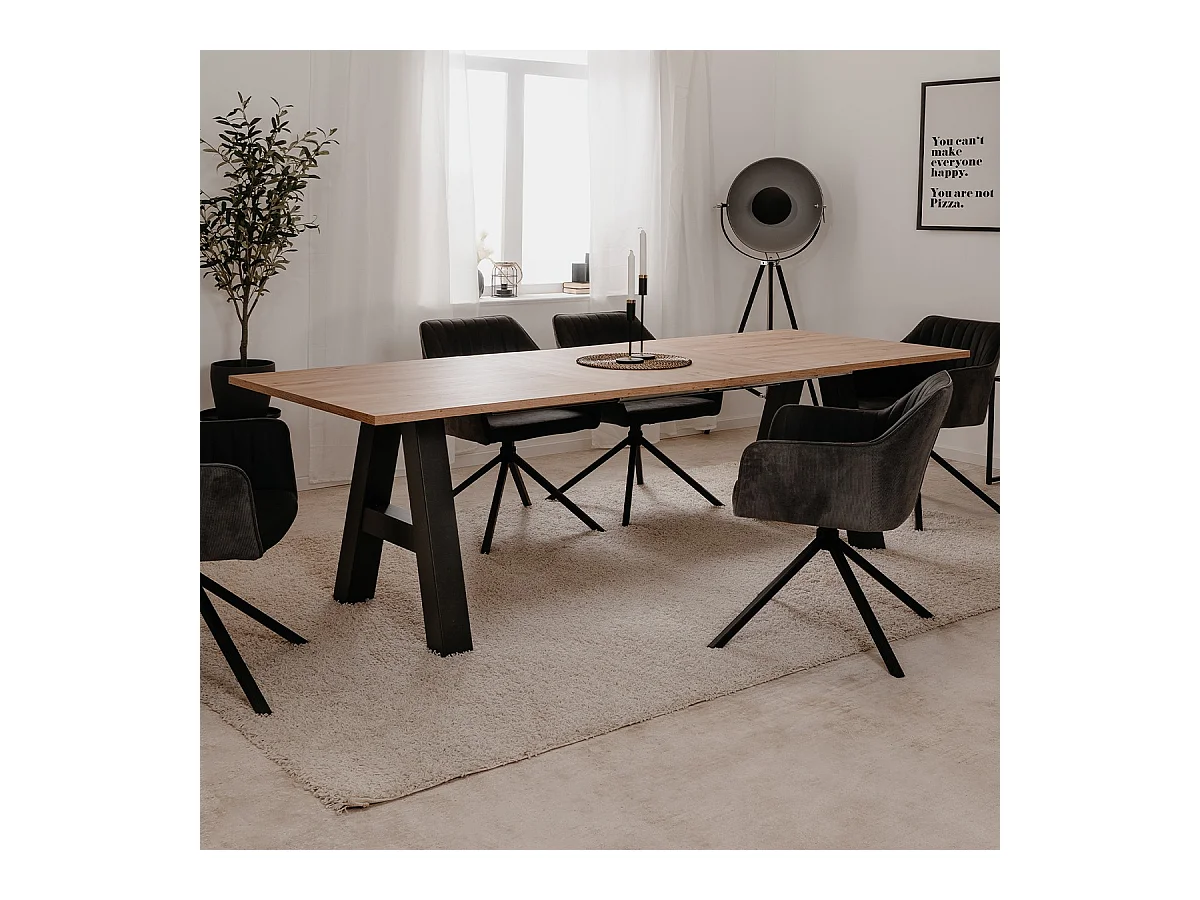 Table a manger GRANADA extensible - Style Industriel - 6/10 personnes - 2 rallonges 40 cm - L 157/197 x P 90 x H 75 cm - Chene/N