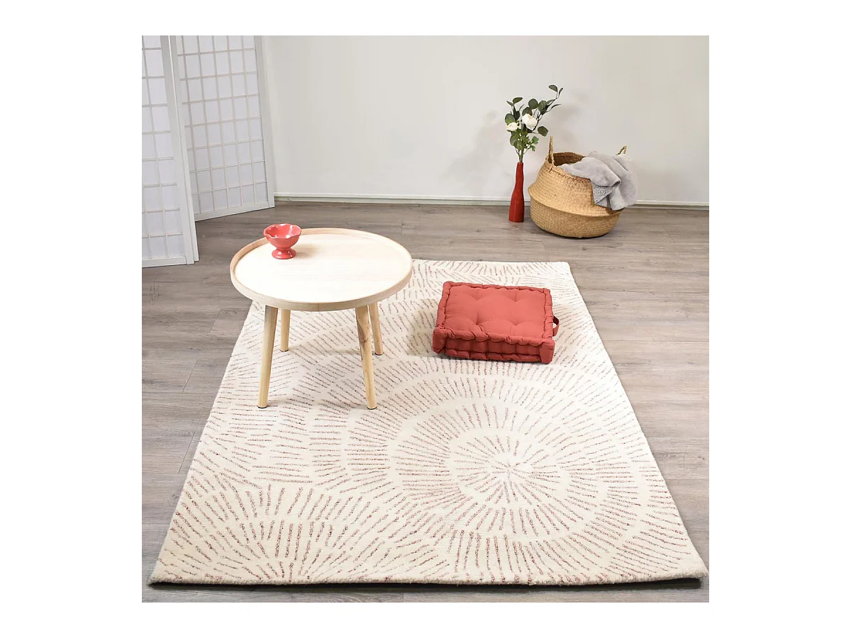 tapis couloir 120x170 fait à la main en laine crème rectangle motif faux uni