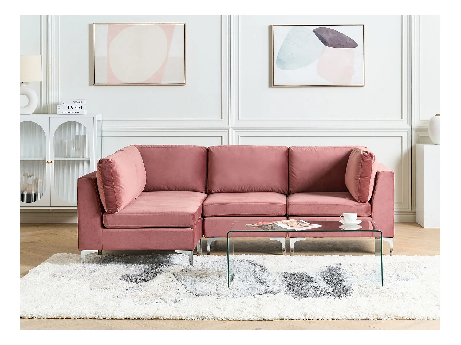 Modulaire hoekbank EVJA Fluweel Roze 4-zitter Rechterzijde