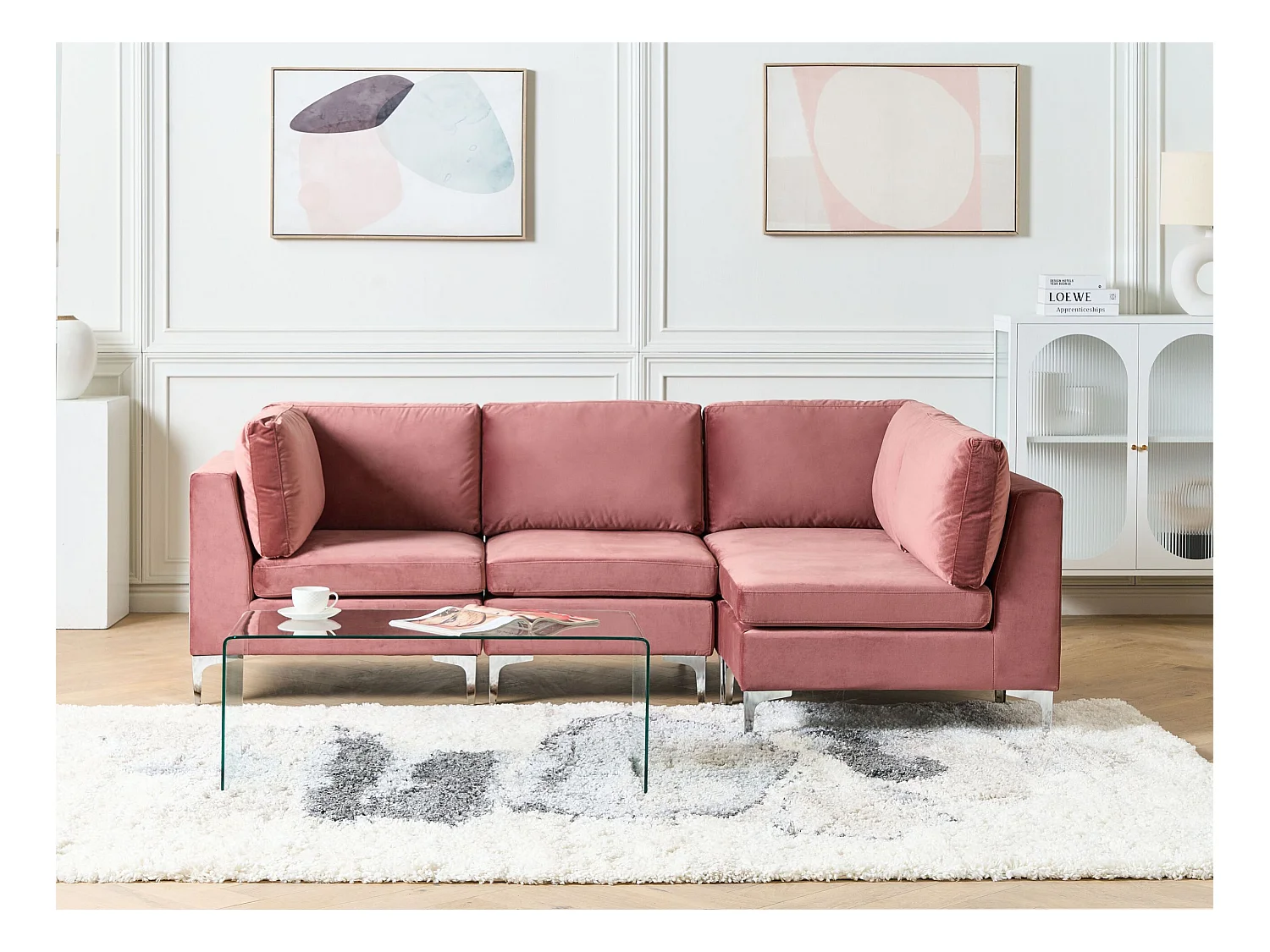 Modulaire hoekbank EVJA Fluweel Roze 4-zitter Linkerzijde