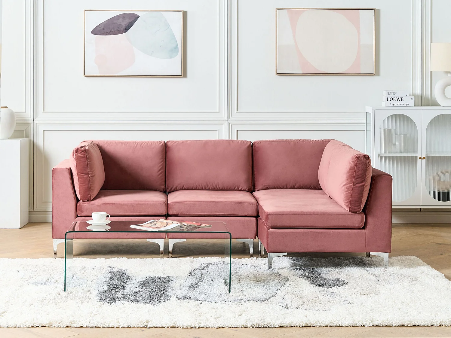 Modulaire hoekbank EVJA Fluweel Roze 4-zitter Linkerzijde
