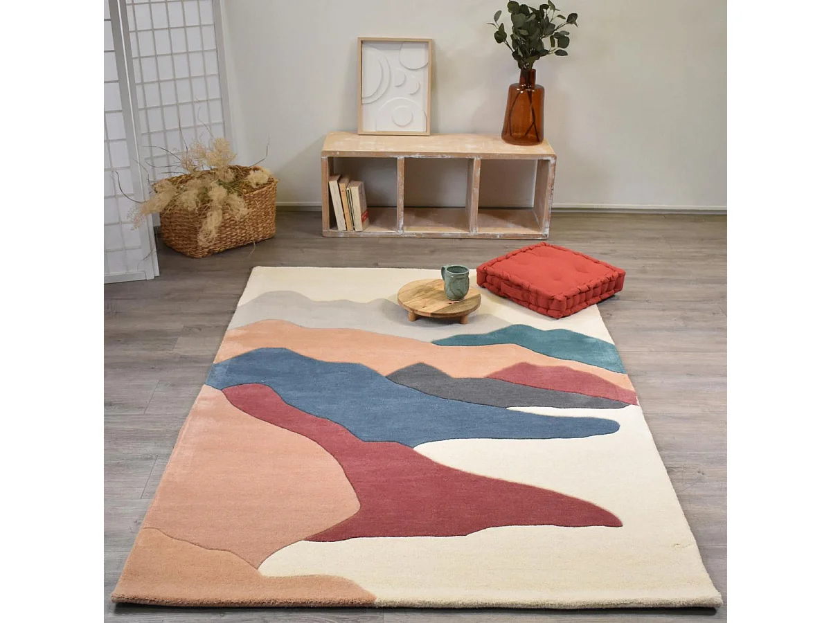 Tappeto da ingresso 120x170 realizzato a mano in lana beige e panna fantasia geometrica