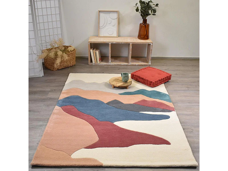 tapis couloir 120x170 fait à la main en laine beige et crème motif géométrique