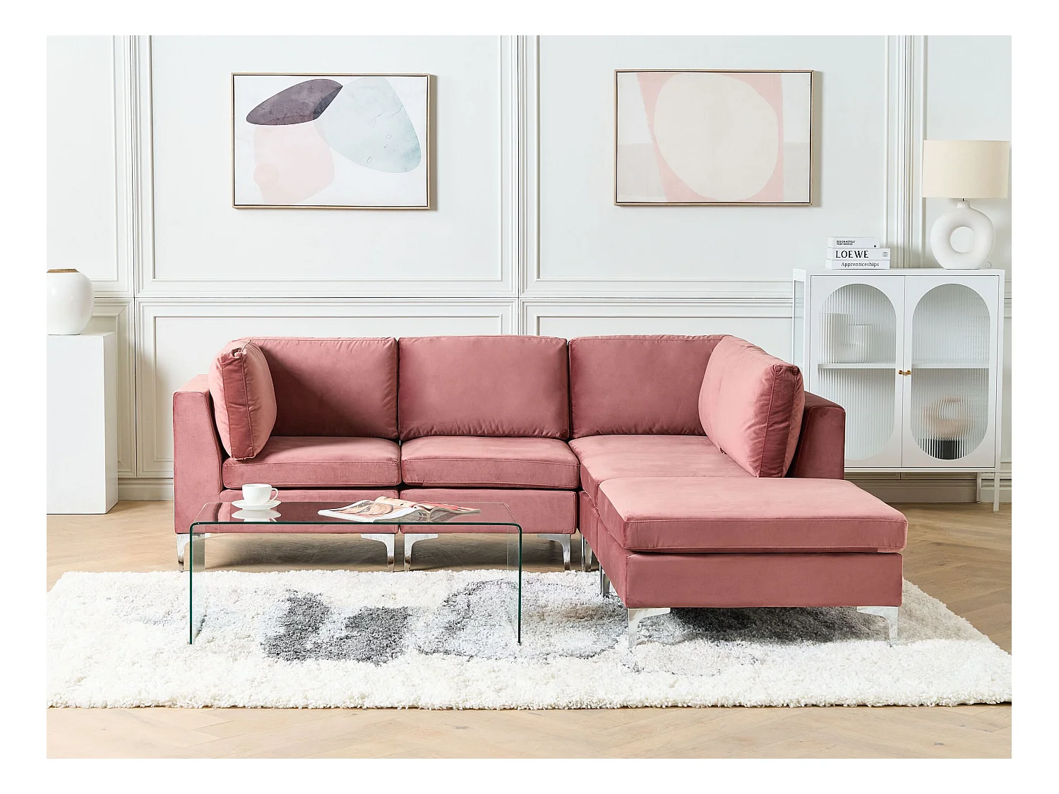 Canapé d'angle modulable 4 places EVJA Velours Rose avec ottoman Côté droite