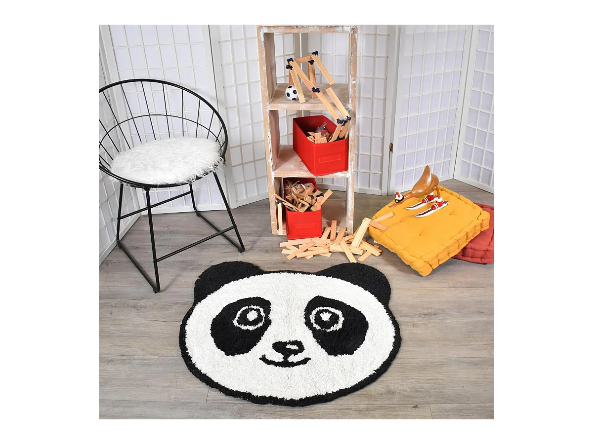 Tapis enfant Ø100cm en coton Lavable 30° PANDA blanc et noir