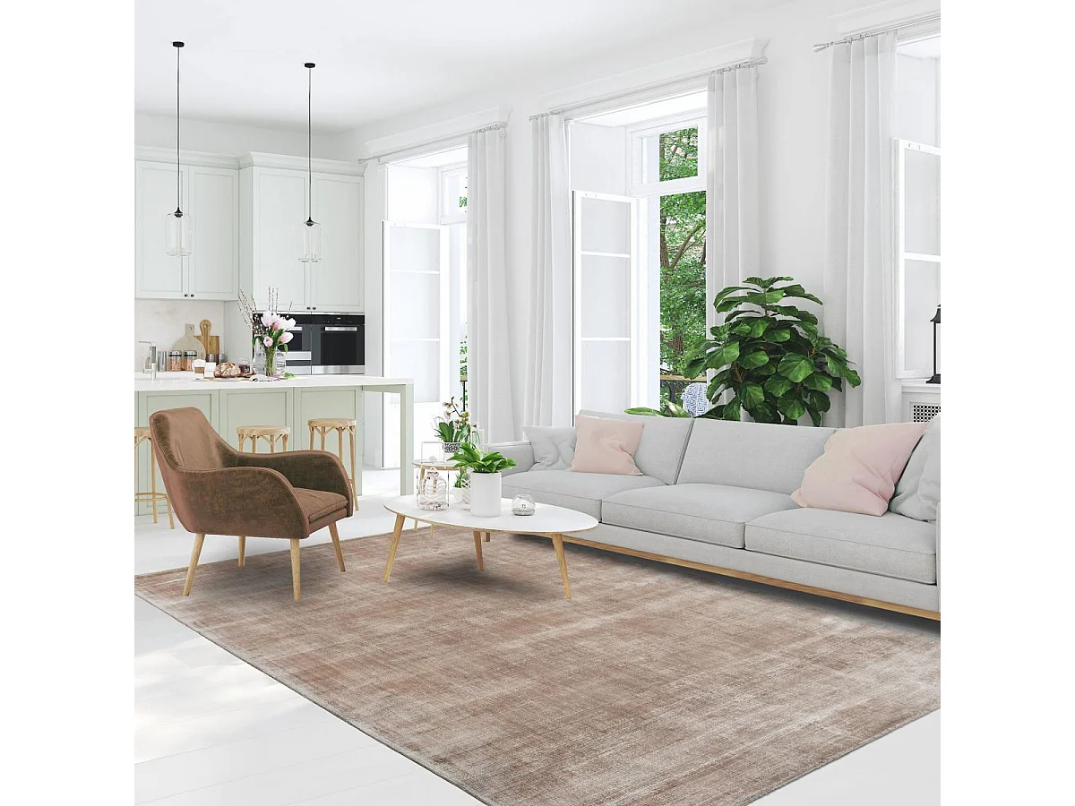 tapis salle à manger 250x300 fait à la main en viscose beige rectangle motif uni