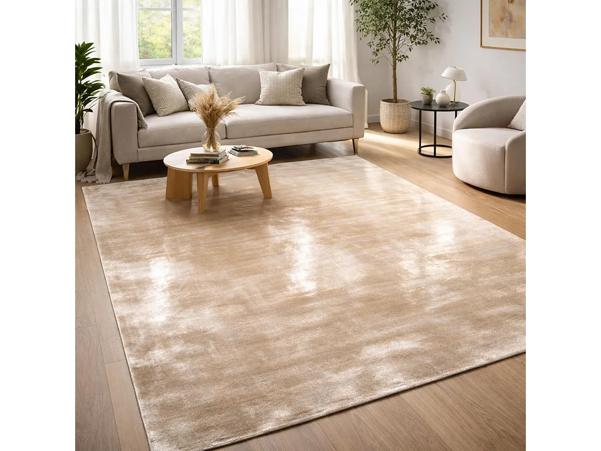 tapis salle à manger 250x300 fait à la main en viscose beige rectangle motif uni