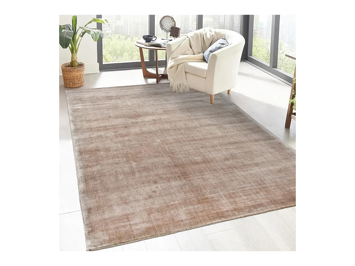 tapis salon 200x300 fait à la main en viscose beige rectangle motif uni NEO +
