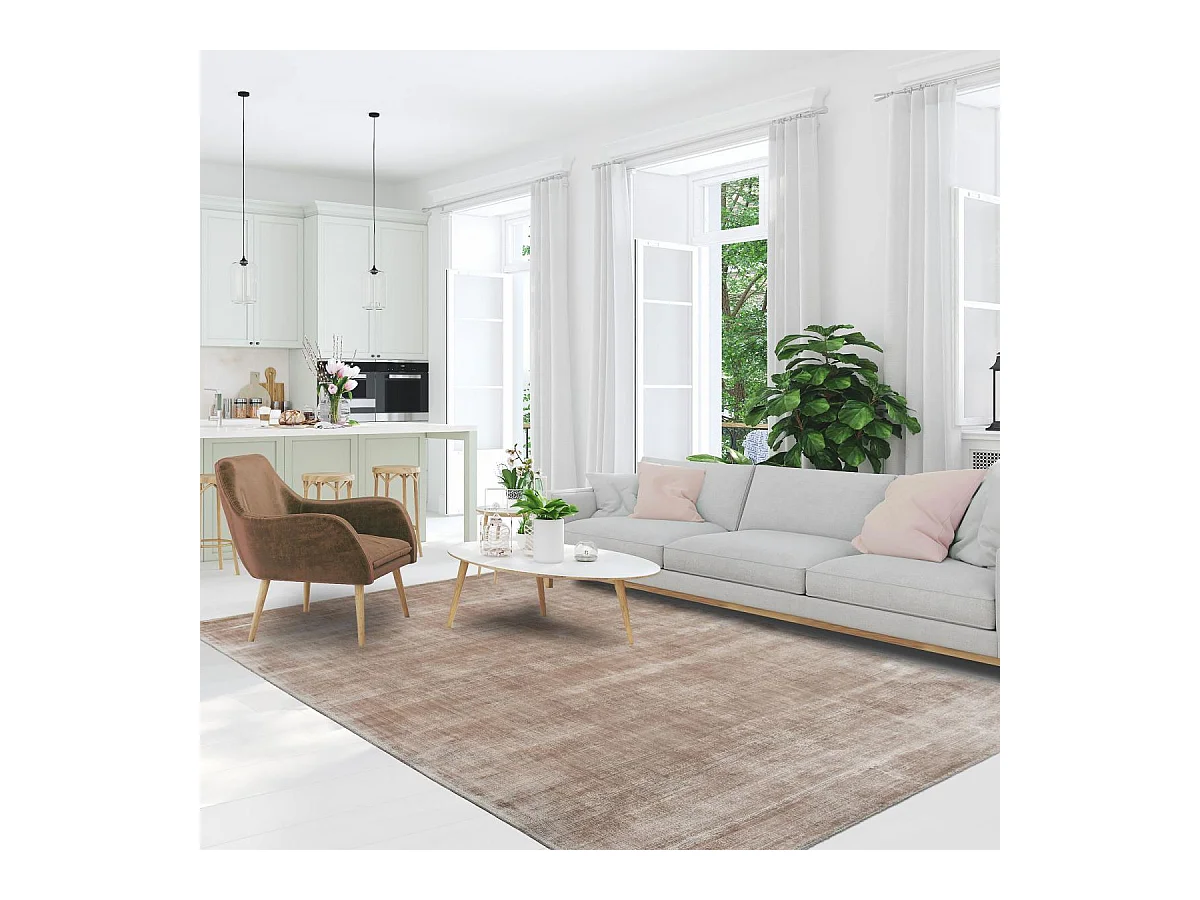 tapis salon 200x300 fait à la main en viscose beige rectangle motif uni NEO +