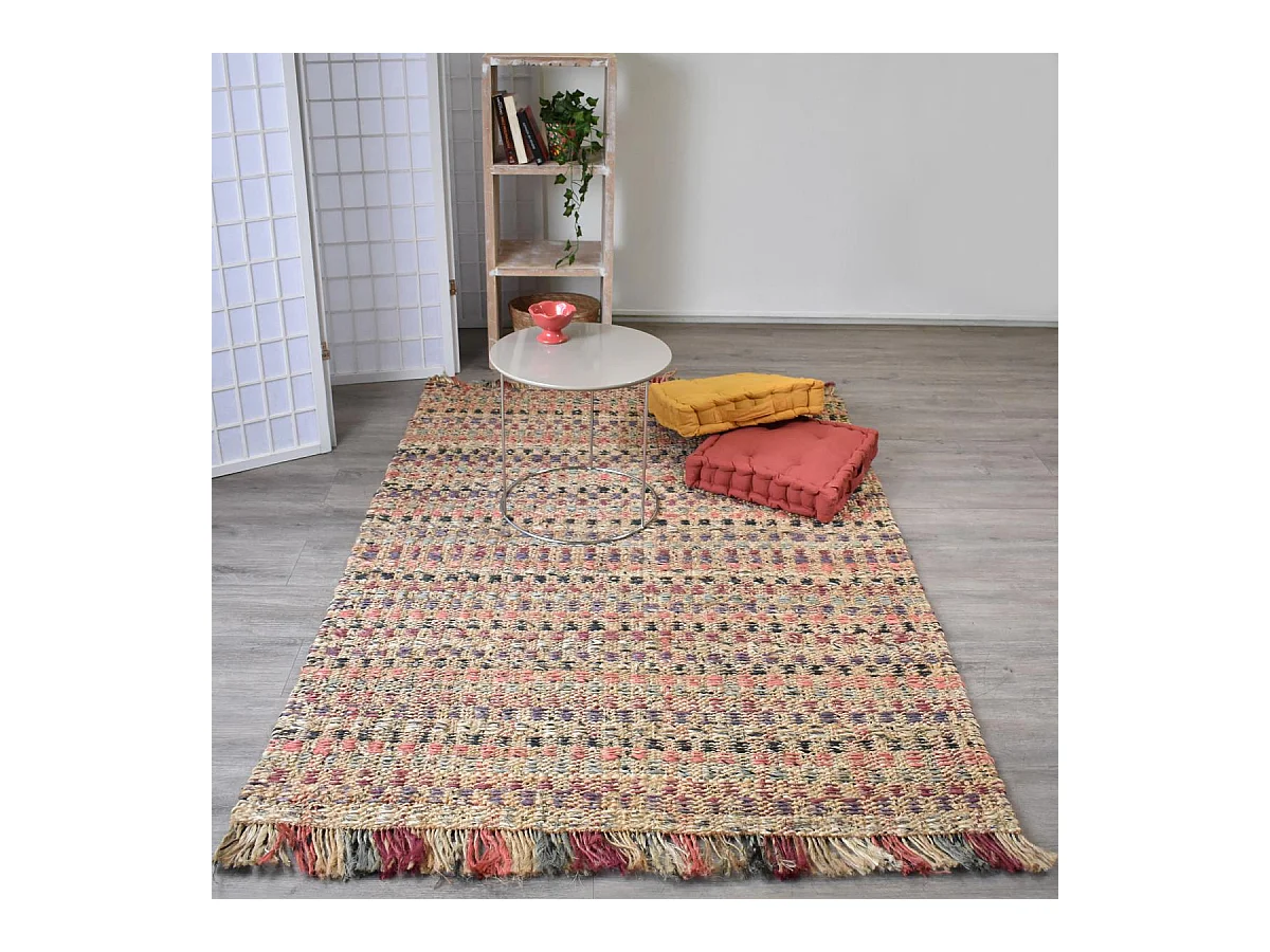 Tapis jute 120x170 fait à la main beige et bordeaux SQUARE