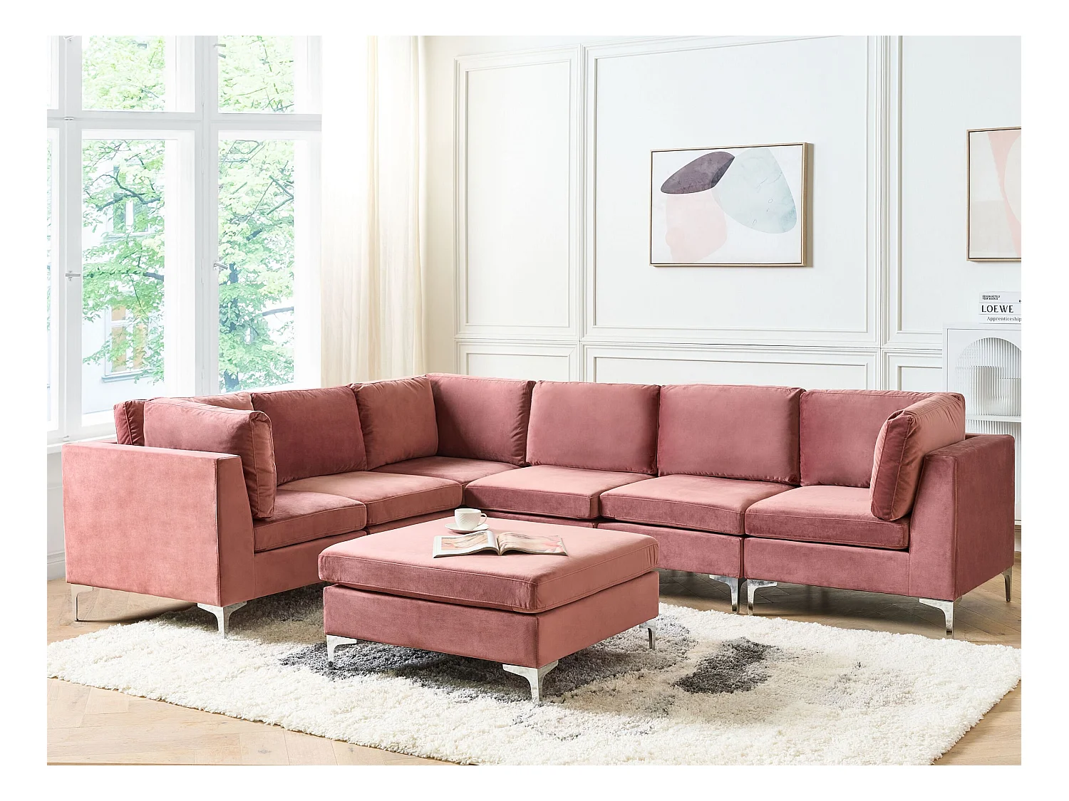 Modulaire hoekbank EVJA Fluweel Roze Met ottomaan 6-zitter Rechterzijde