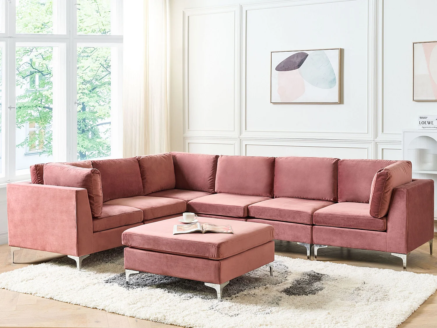 Canapé d'angle modulable 6 places EVJA Velours Rose avec ottoman Côté droit