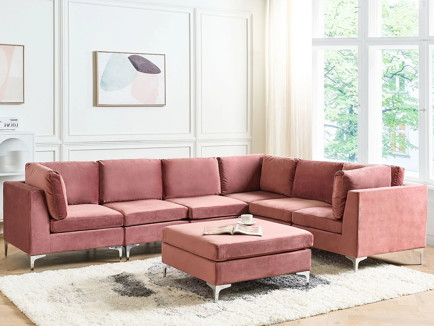Canapé d'angle modulable 6 places EVJA Velours Rose avec ottoman Côté droite