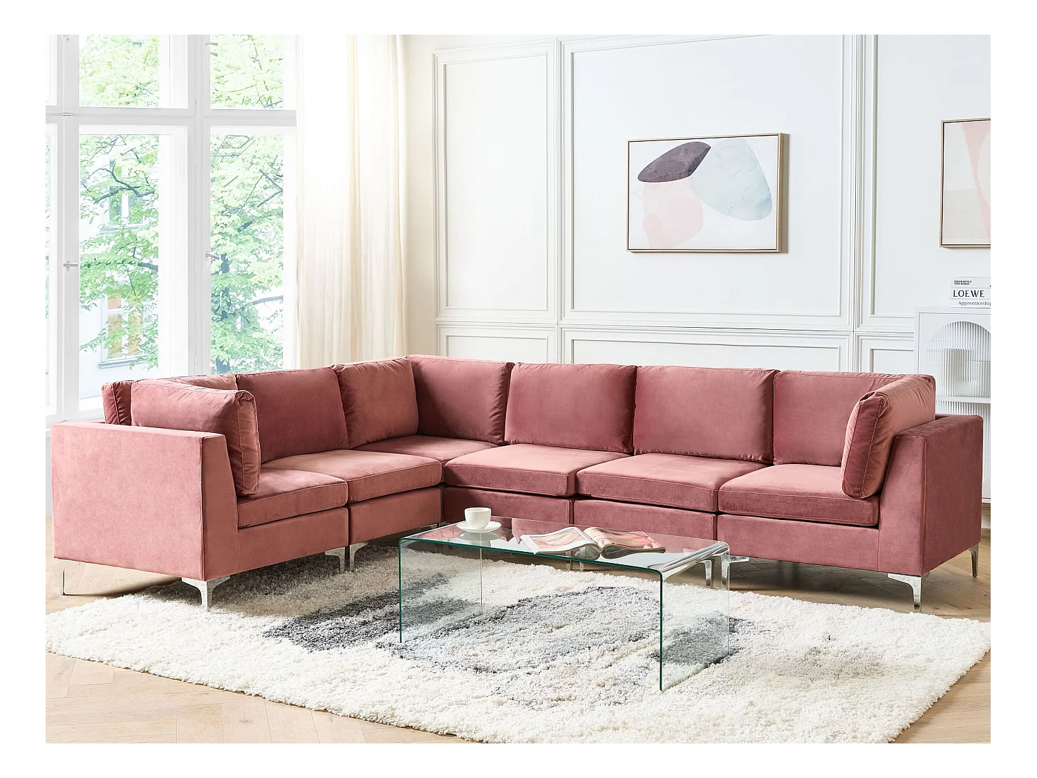 Modulaire hoekbank EVJA Fluweel Roze 6-zitter Rechterzijde