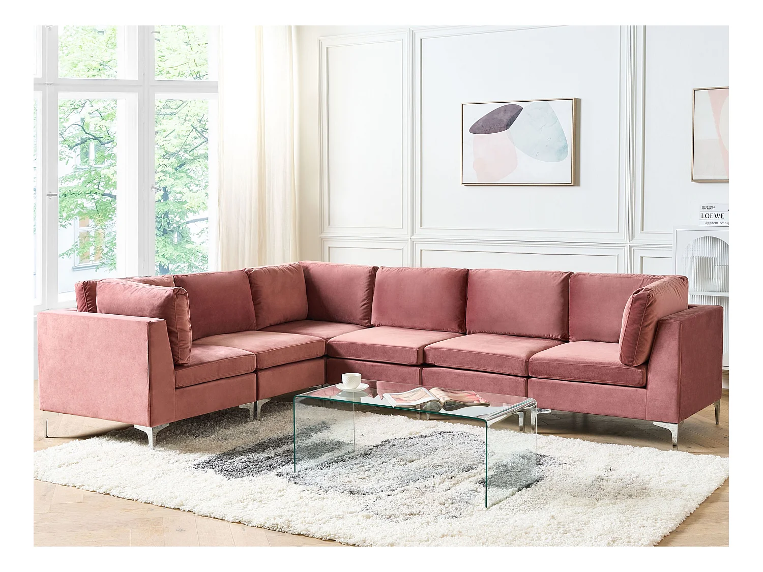 Modulaire hoekbank EVJA Fluweel Roze 6-zitter Rechterzijde