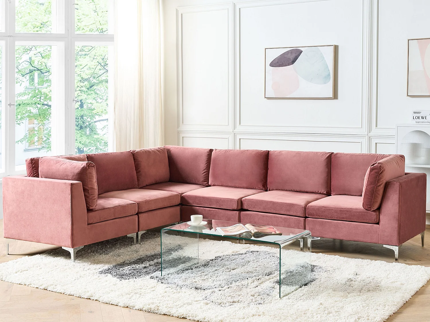 Modulaire hoekbank EVJA Fluweel Roze 6-zitter Rechterzijde