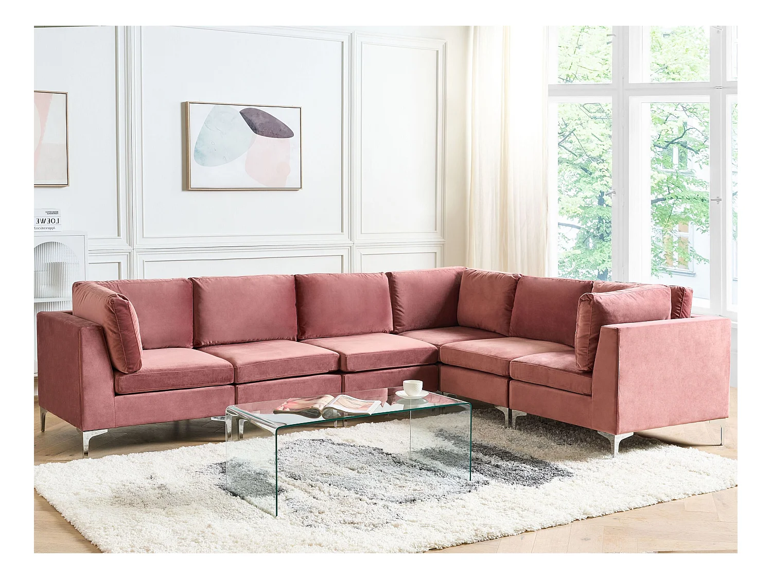 Canapé Modulable Rose et Argenté en Velours 6 Personnes Côté droite Glamour Evja