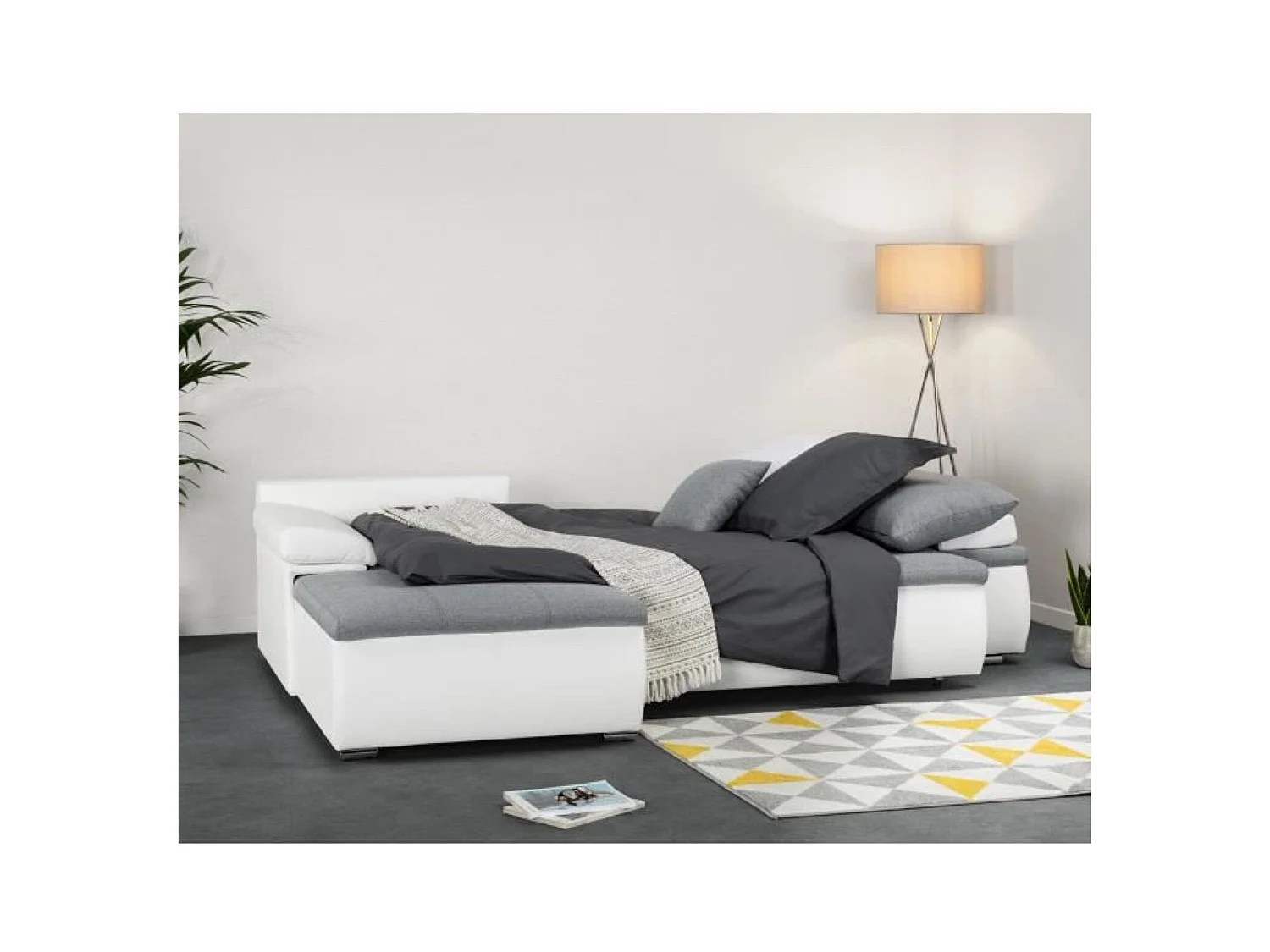 Canapé d'angle réversible convertible 3 places+Coffre - Simili blanc et tissu gris - CELINA - L 274 x P 184 cm