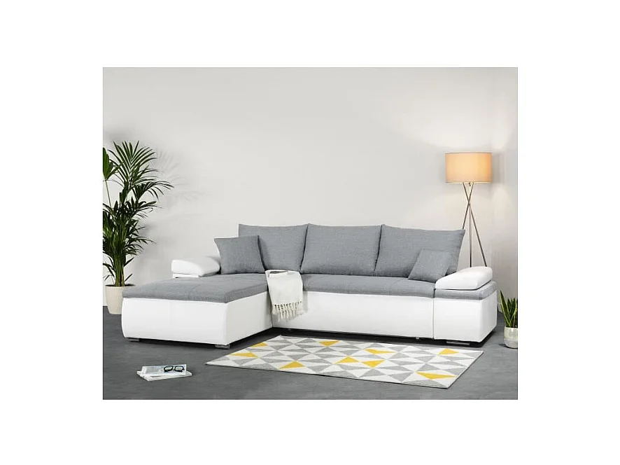 Canapé d'angle réversible convertible 3 places+Coffre - Simili blanc et tissu gris - CELINA - L 274 x P 184 cm