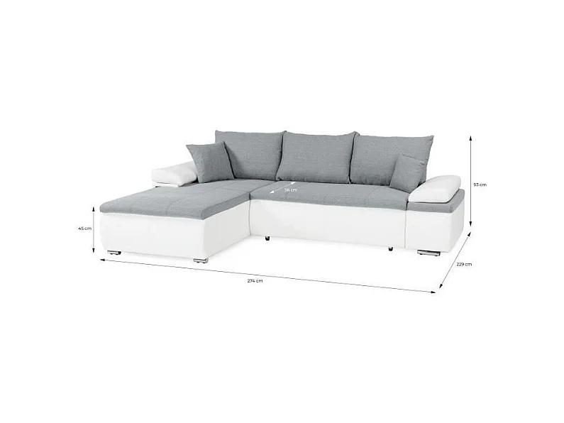 Canapé d'angle réversible convertible 3 places+Coffre - Simili blanc et tissu gris - CELINA - L 274 x P 184 cm
