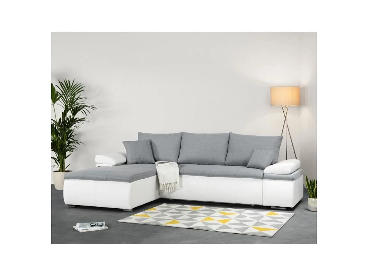 Canapé d'angle réversible convertible 3 places+Coffre - Simili blanc et tissu gris - CELINA - L 274 x P 184 cm