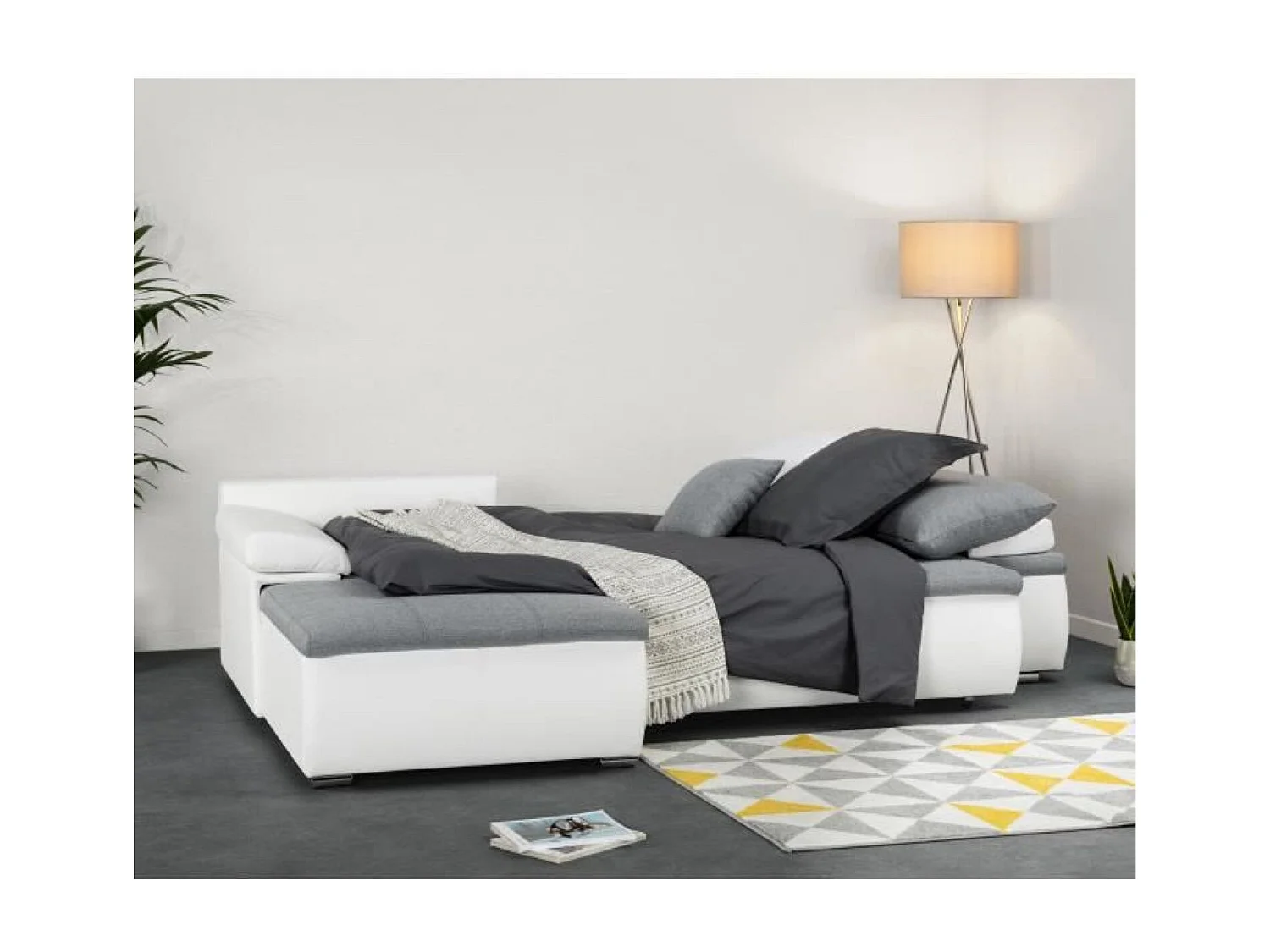 Canapé d'angle réversible convertible 3 places+Coffre - Simili blanc et tissu gris - CELINA - L 274 x P 184 cm