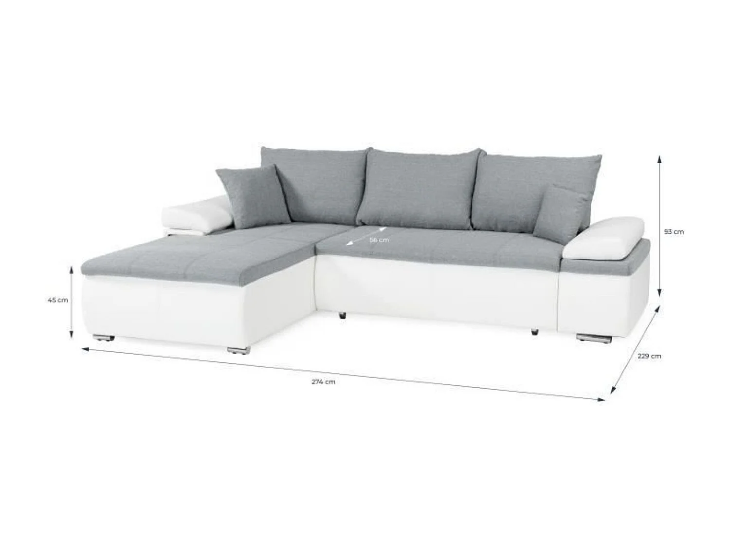 Canapé d'angle réversible convertible 3 places+Coffre - Simili blanc et tissu gris - CELINA - L 274 x P 184 cm