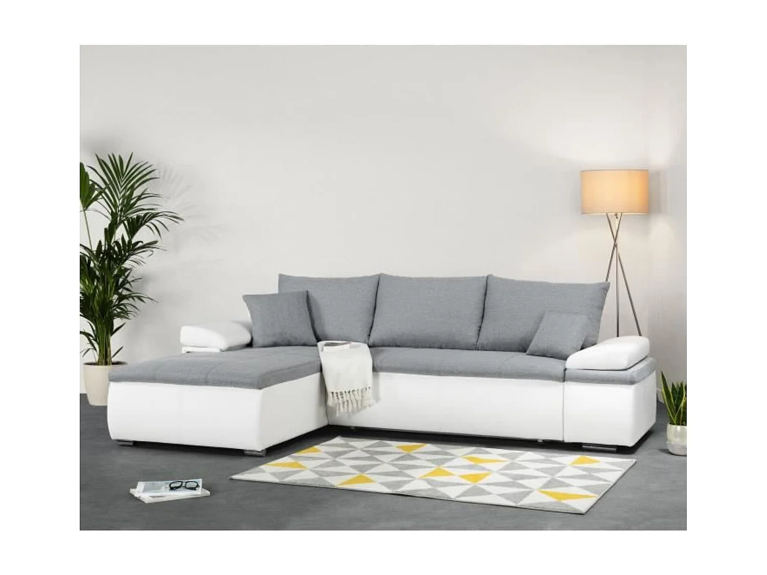 Canapé d'angle réversible convertible 3 places+Coffre - Simili blanc et tissu gris - CELINA - L 274 x P 184 cm