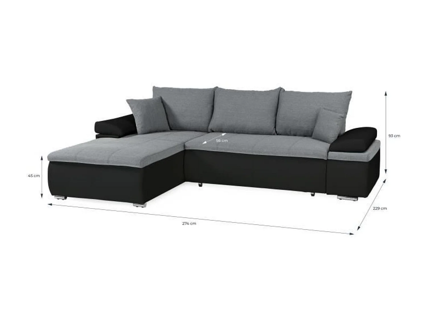 Omkeerbare 3-zits hoekbank + opbergruimte - Zwart imitatieleer en grijze stof - 274 x 184 cm