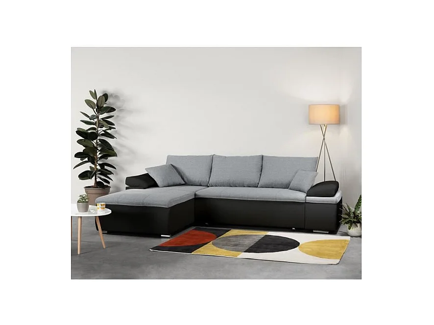 Canapé d'angle réversible convertible 3 places+Coffre - Simili noir et gris  - CELINA