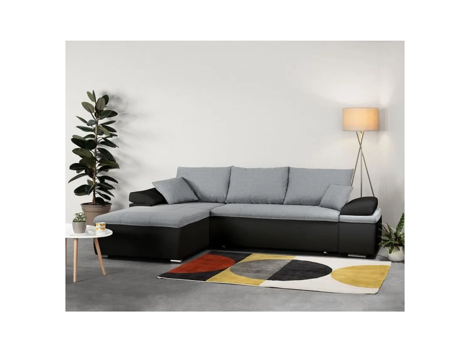 Canapé d'angle réversible convertible 3 places+Coffre - Simili noir et gris  - CELINA