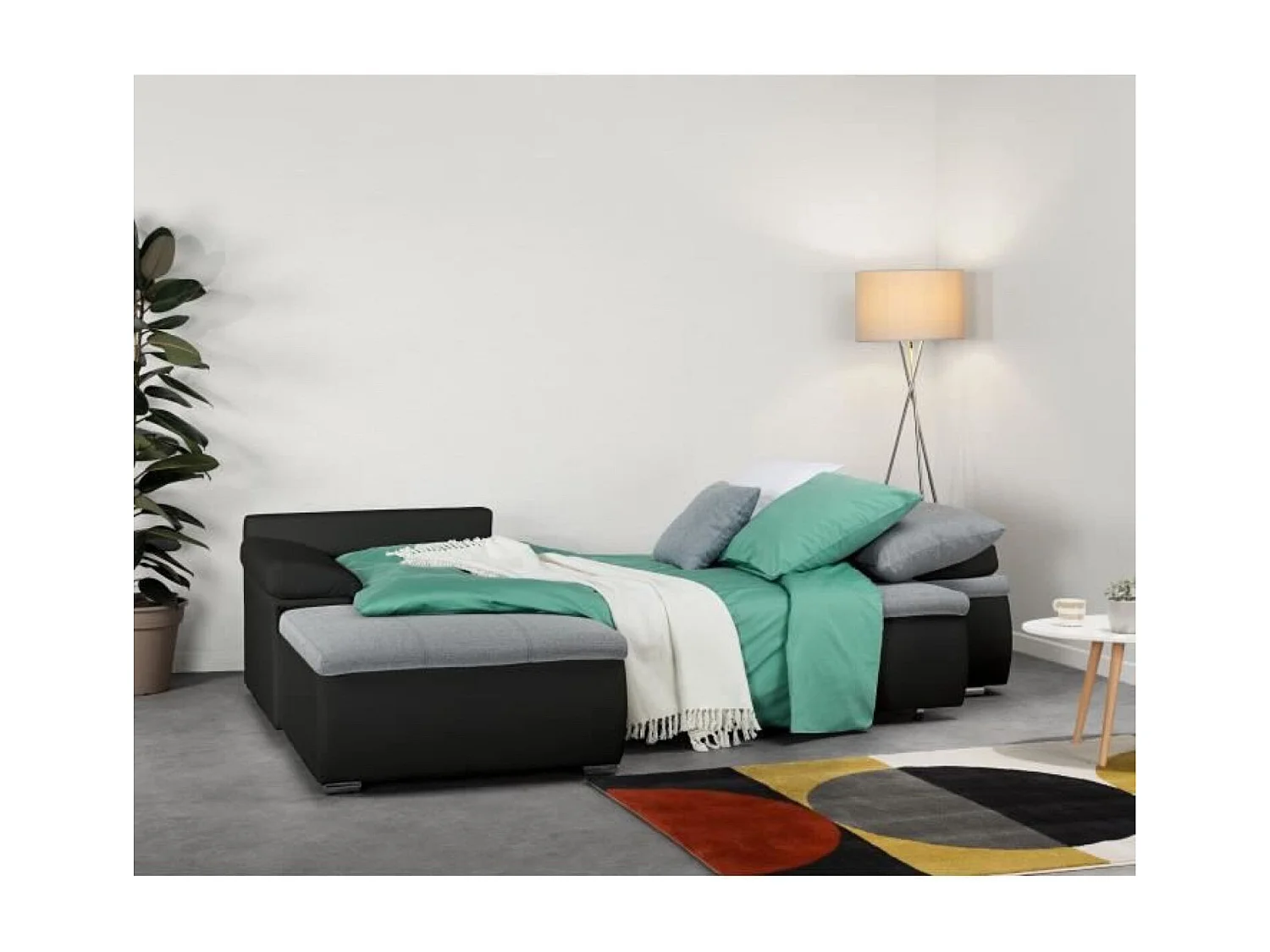 Canapé d'angle réversible convertible 3 places+Coffre - Simili noir et gris  - CELINA