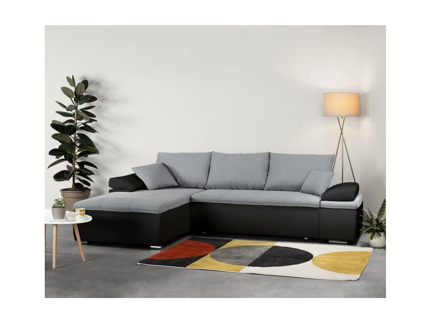 Canapé d'angle réversible convertible 3 places+Coffre - Simili noir et gris  - CELINA