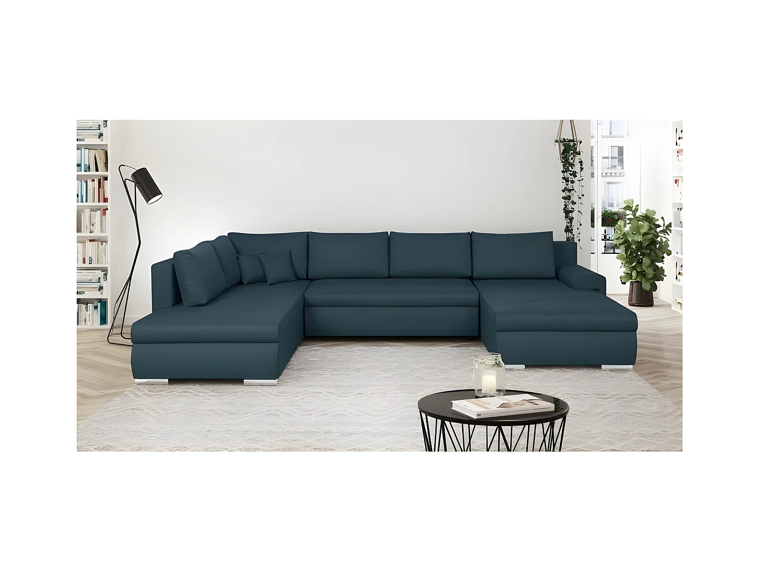 Canapé d'angle panoramique convertible -7 places - 100% polyester - Bleu canard - INDIAN