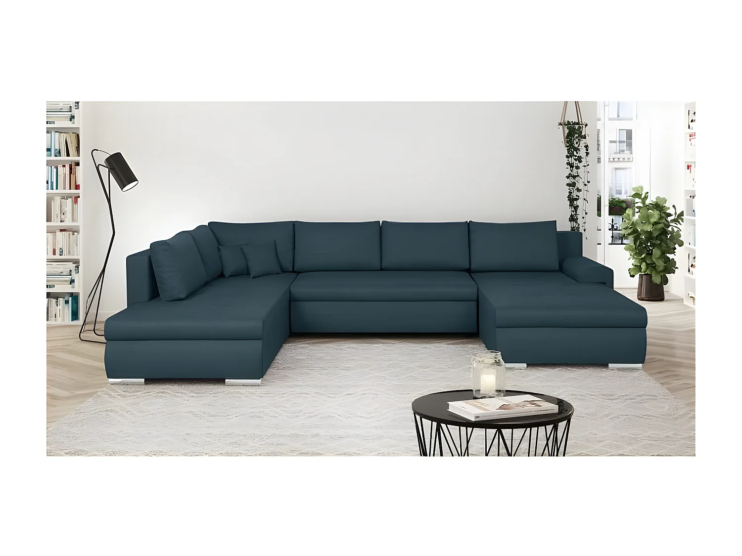 Canapé d'angle panoramique convertible -7 places - 100% polyester - Bleu canard - INDIAN