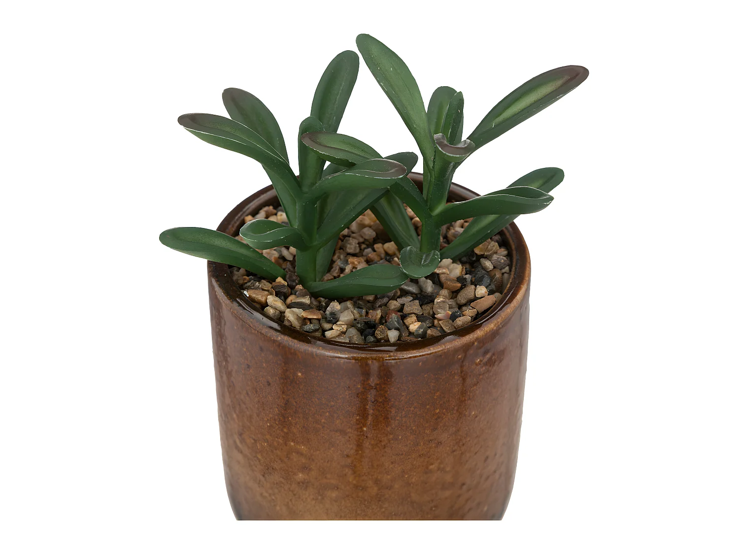 Plante verte artificielle Pot en céramique Ocre émaillée H 16 cm