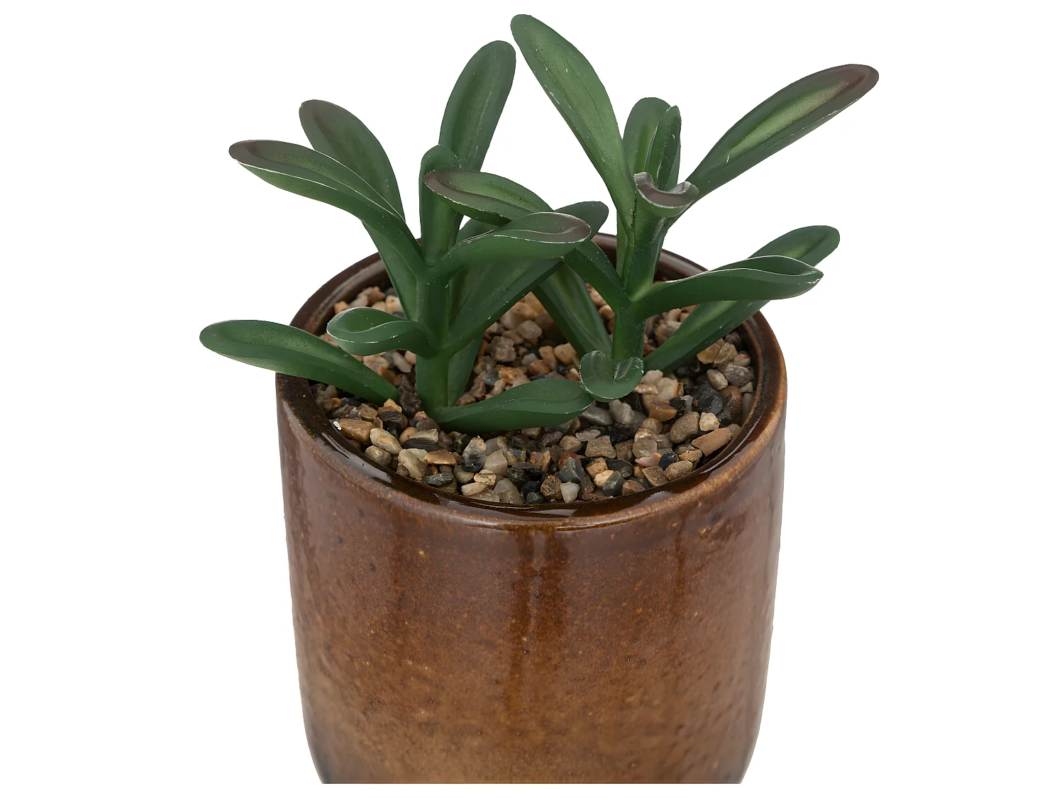 Plante verte artificielle Pot en céramique Ocre émaillée H 16 cm