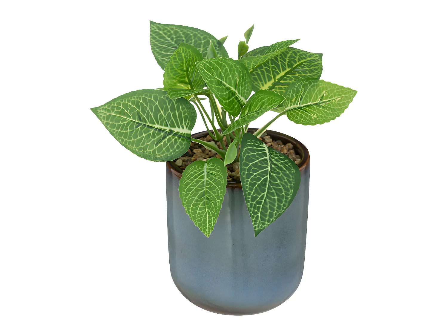 Plante verte artificielle Pot en céramique Bleue émaillée H 16 cm