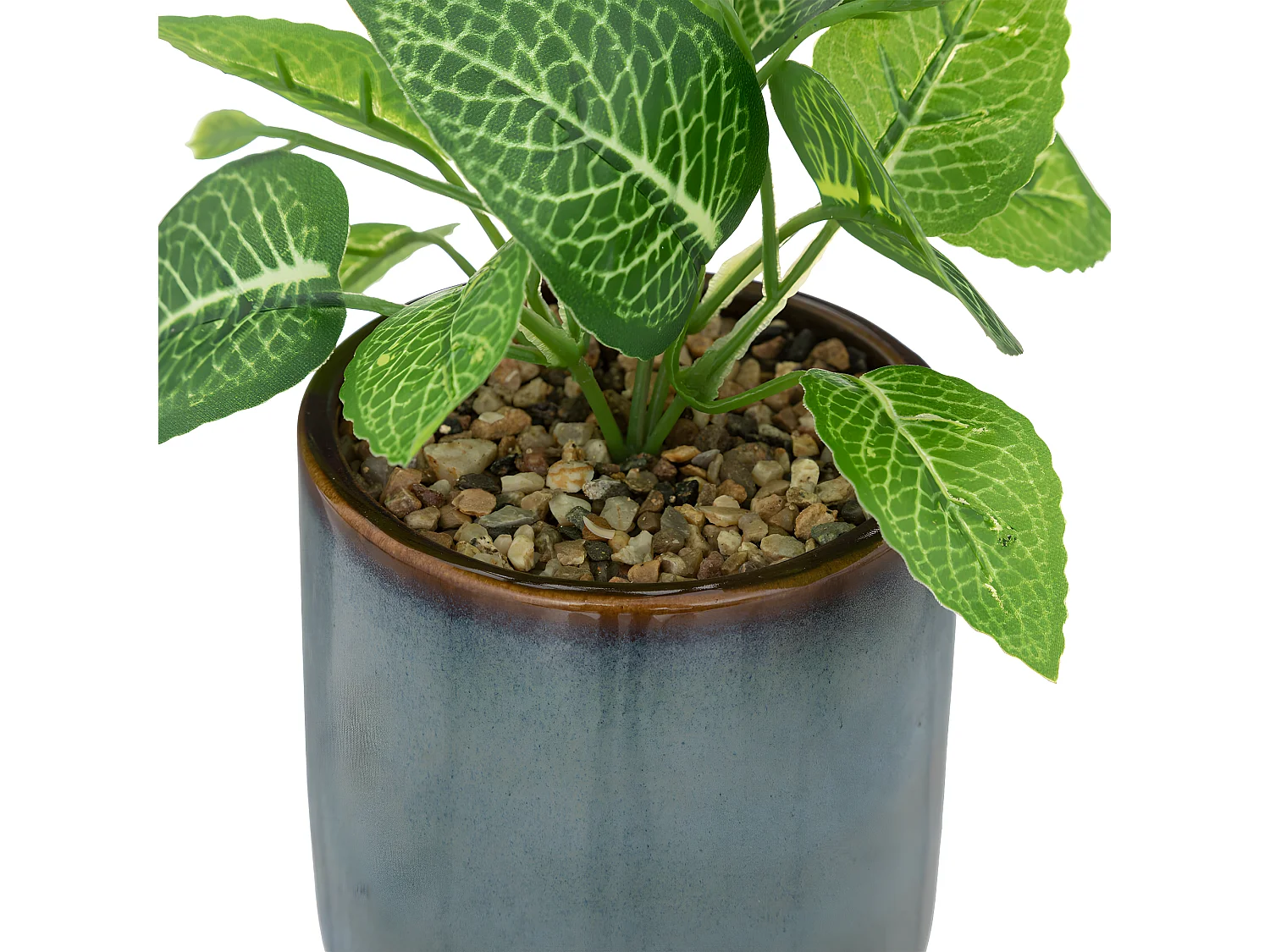 Plante verte artificielle Pot en céramique Bleue émaillée H 16 cm