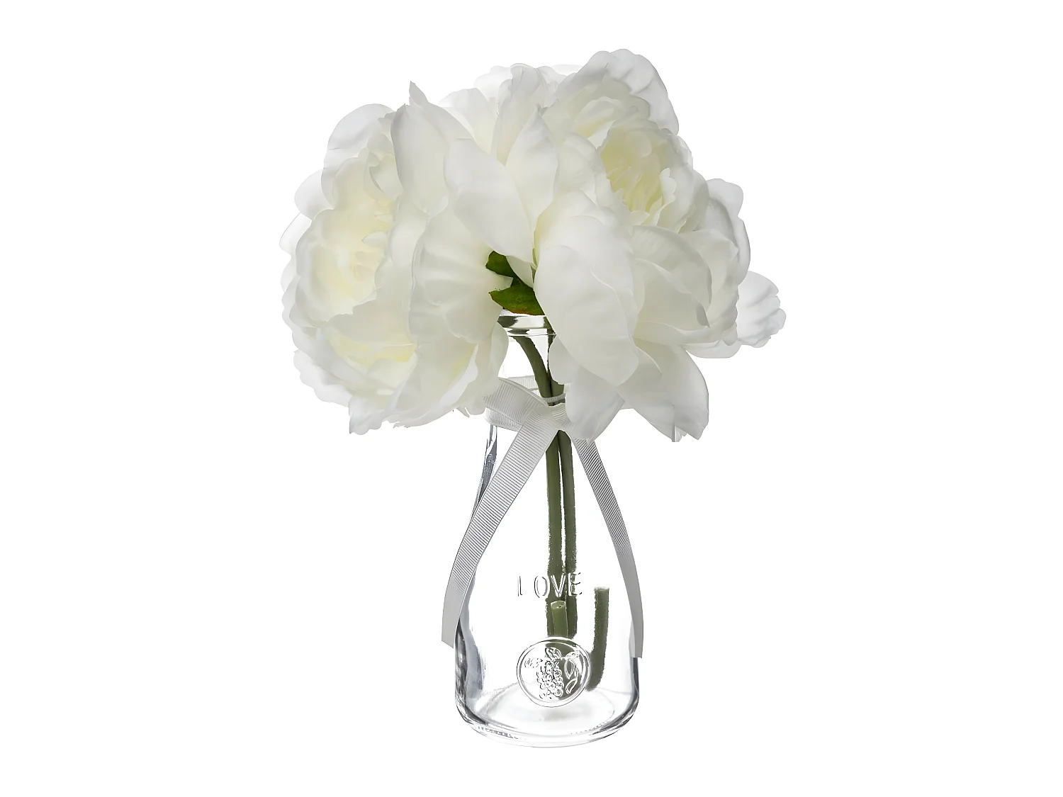 Composition Florale & Vase "3 Pivoines" Verre 25cm Transparent