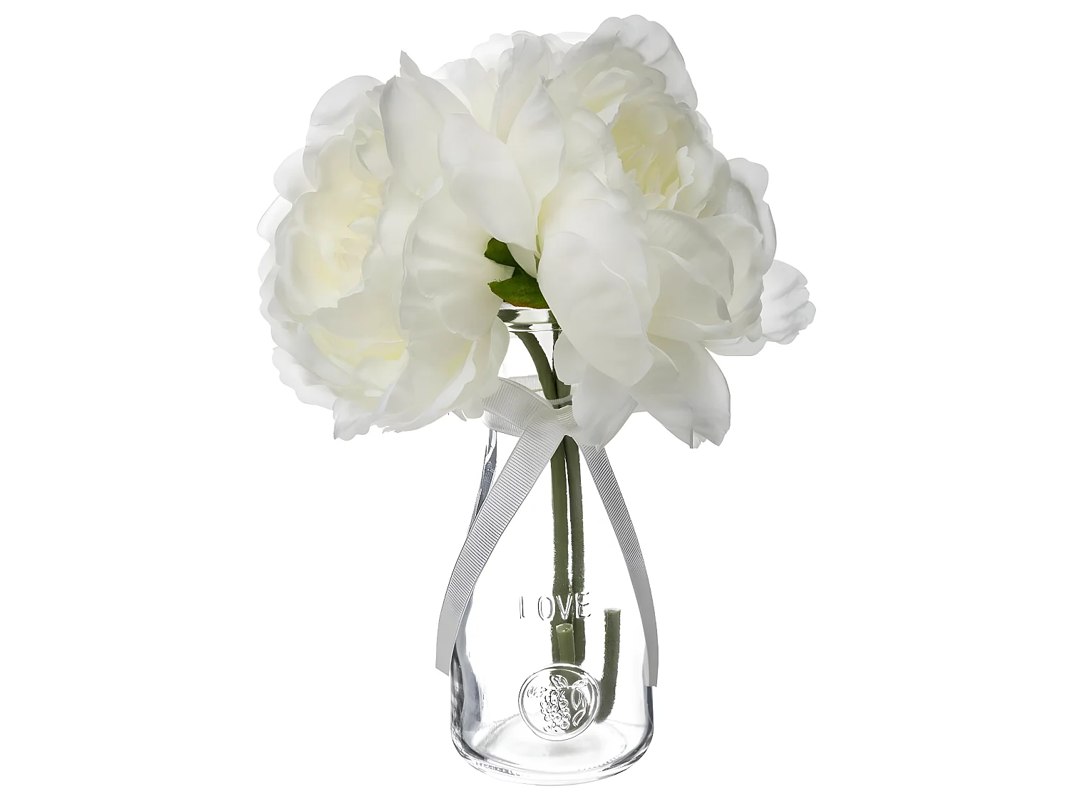 Composition Florale & Vase "3 Pivoines" Verre 25cm Transparent