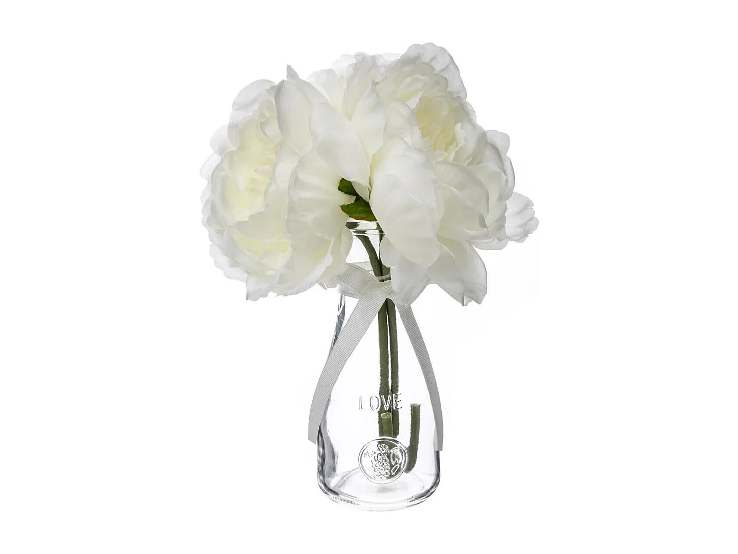Composition Florale & Vase "3 Pivoines" Verre 25cm Transparent
