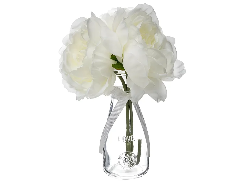 Composition Florale & Vase "3 Pivoines" Verre 25cm Transparent