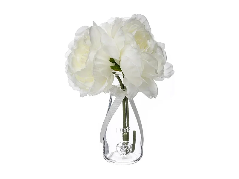 Composition Florale & Vase "3 Pivoines" Verre 25cm Transparent