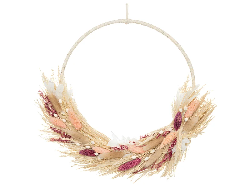 Couronne de Fleurs Séchées Beige et Rose D 36 cm