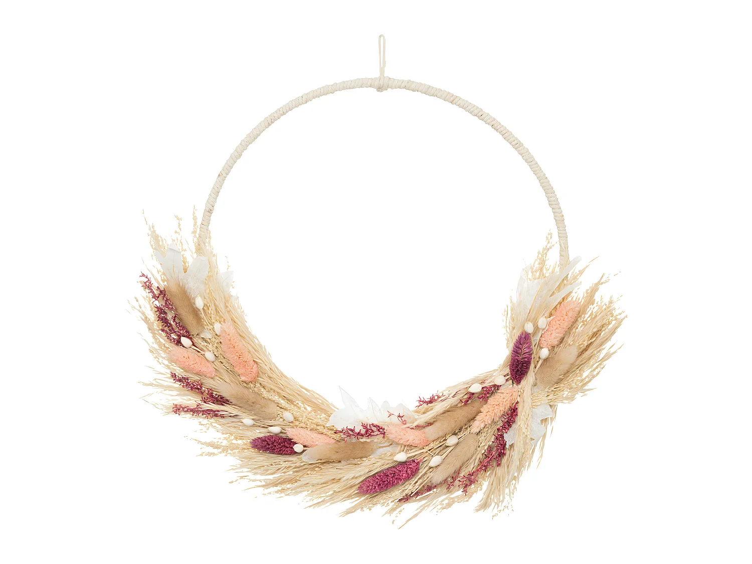 Couronne de Fleurs Séchées Beige et Rose D 36 cm