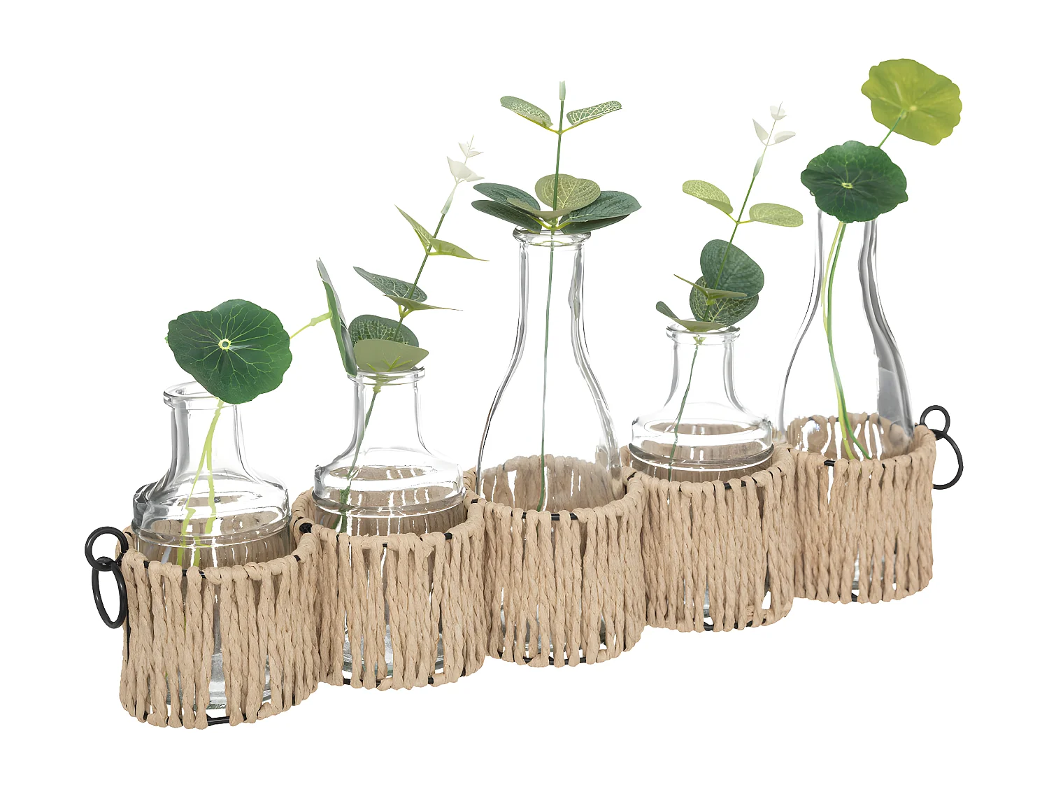 Set de 5 Soliflores en verre garnis de tiges artificielles et support en métal L 40.5 cm