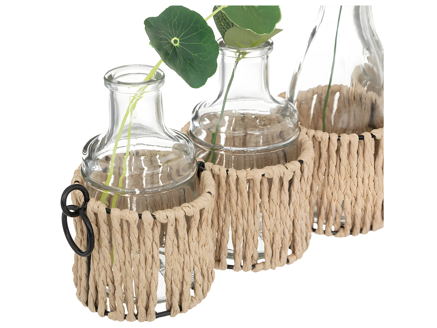 Set de 5 Soliflores en verre garnis de tiges artificielles et support en métal L 40.5 cm