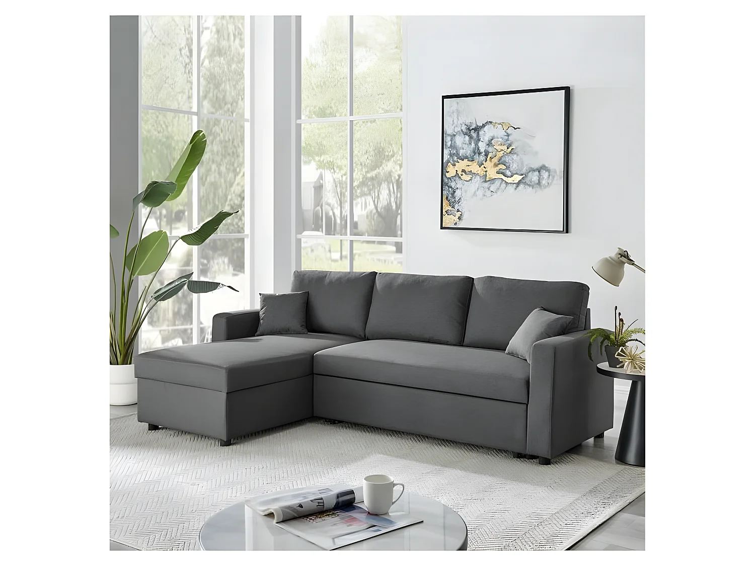 Canapé d'angle convertible + 2 coussins - Tissu Gris foncé -TOM