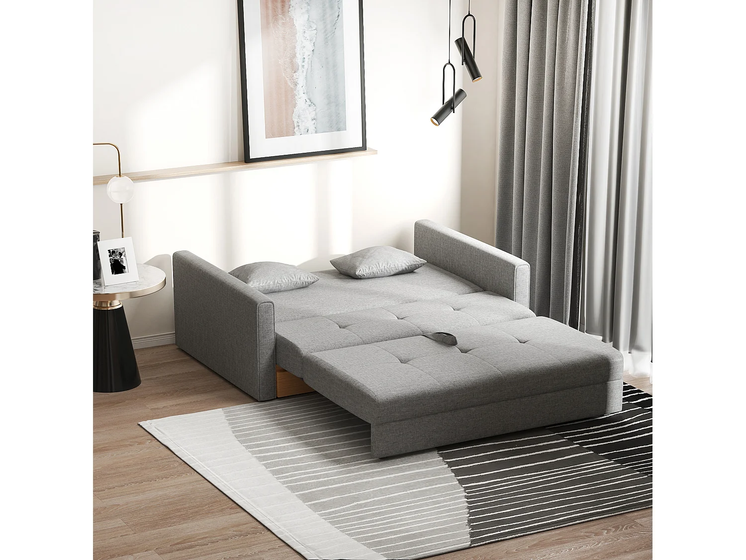 Canapé convertible 2 places style Chesterfield assise dossier effet capitonné coffre tissu gris